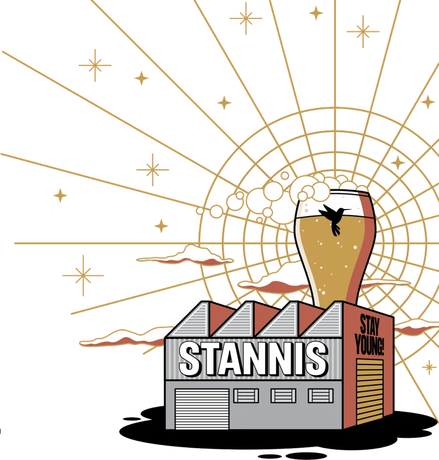 Ilustração da fábrica da Stannis com um copo de chope e o beija-flor